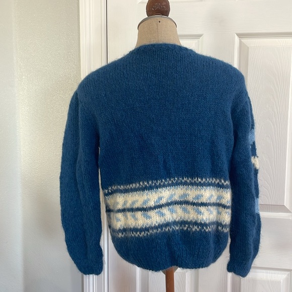 Vintage hand knit mohair button down floral blue cardigan sweater women’s size M - Picture 6 of 9